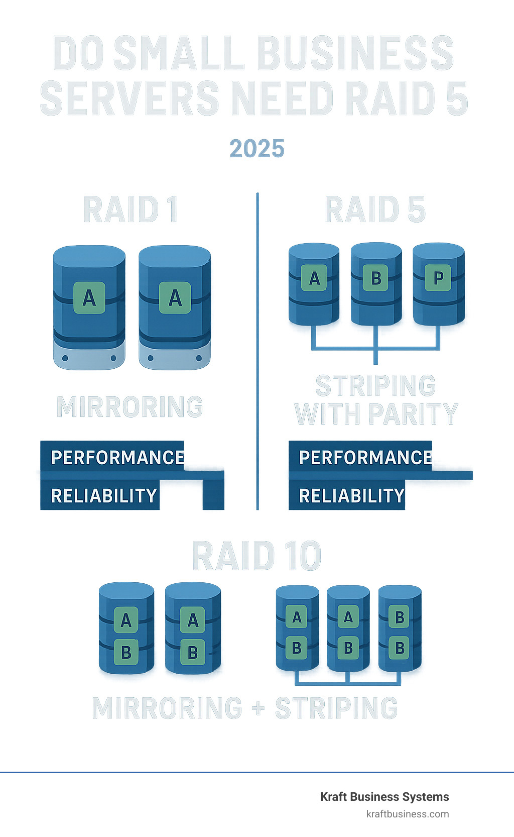 RAID comparison infographic showing RAID 1 mirroring two identical drives, RAID 5 striping data with parity across three drives, and RAID 10 combining mirroring and striping across four drives with performance and reliability metrics - do small business servers need raid 5 infographic 