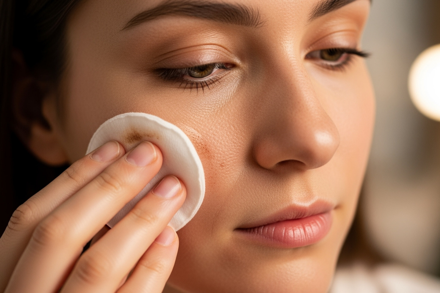 A person using a reusable cotton round to remove makeup - sustainable beauty routine