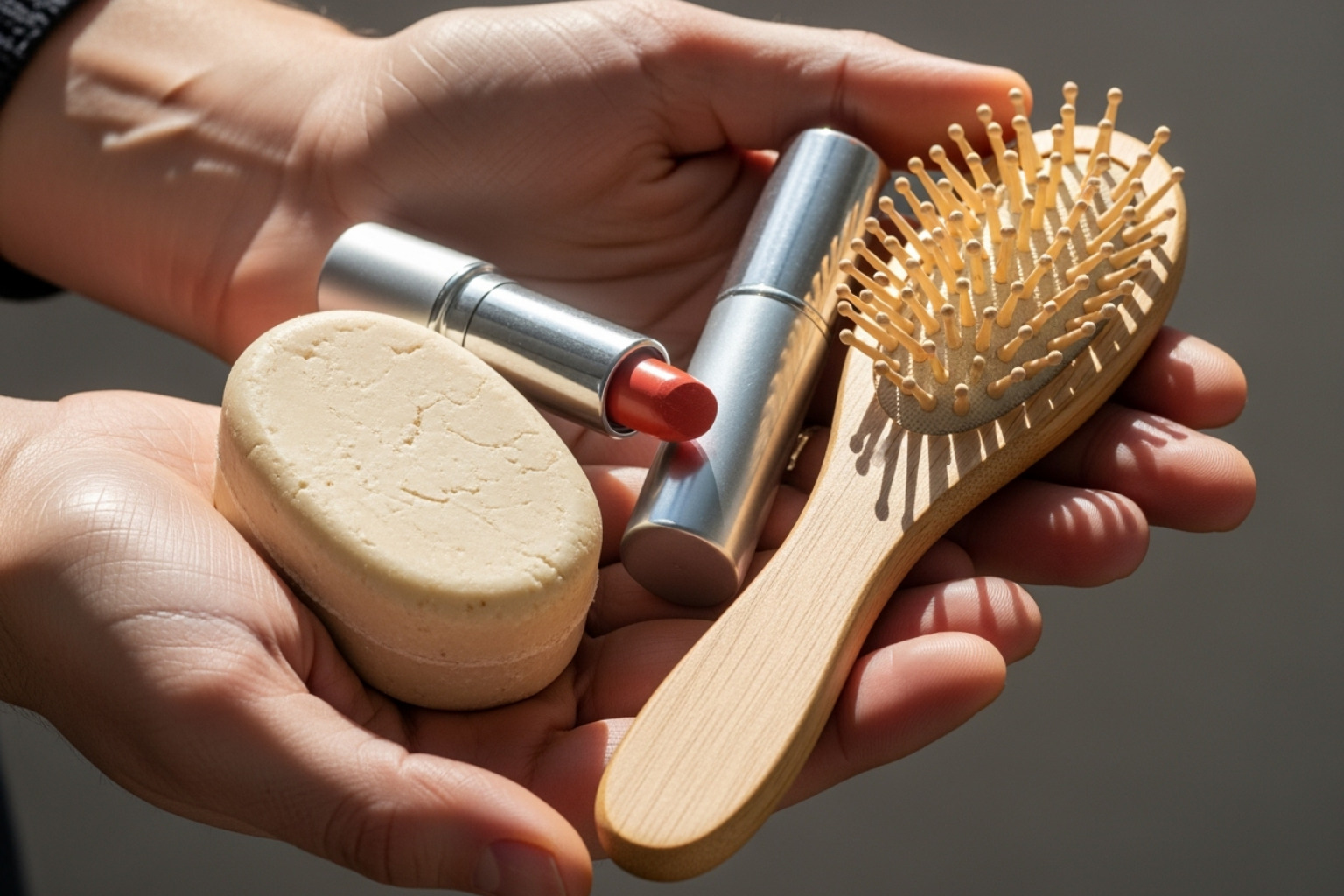 Hands holding different sustainable items like a shampoo bar, a refillable lipstick, and a bamboo brush - sustainable beauty routine