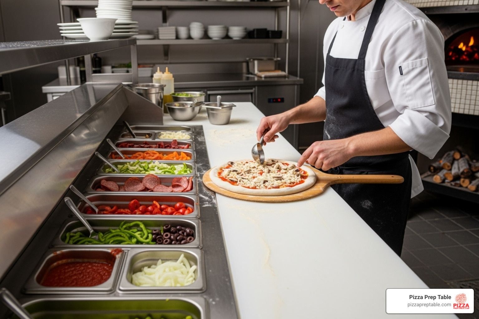 chef assembling a pizza on a wide pizza prep table - prep table