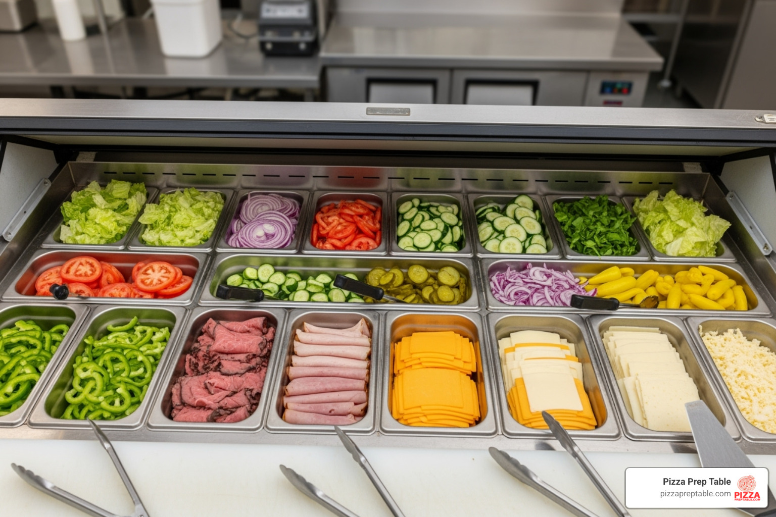refrigerated sandwich prep table with the top open showing ingredient pans - prep table