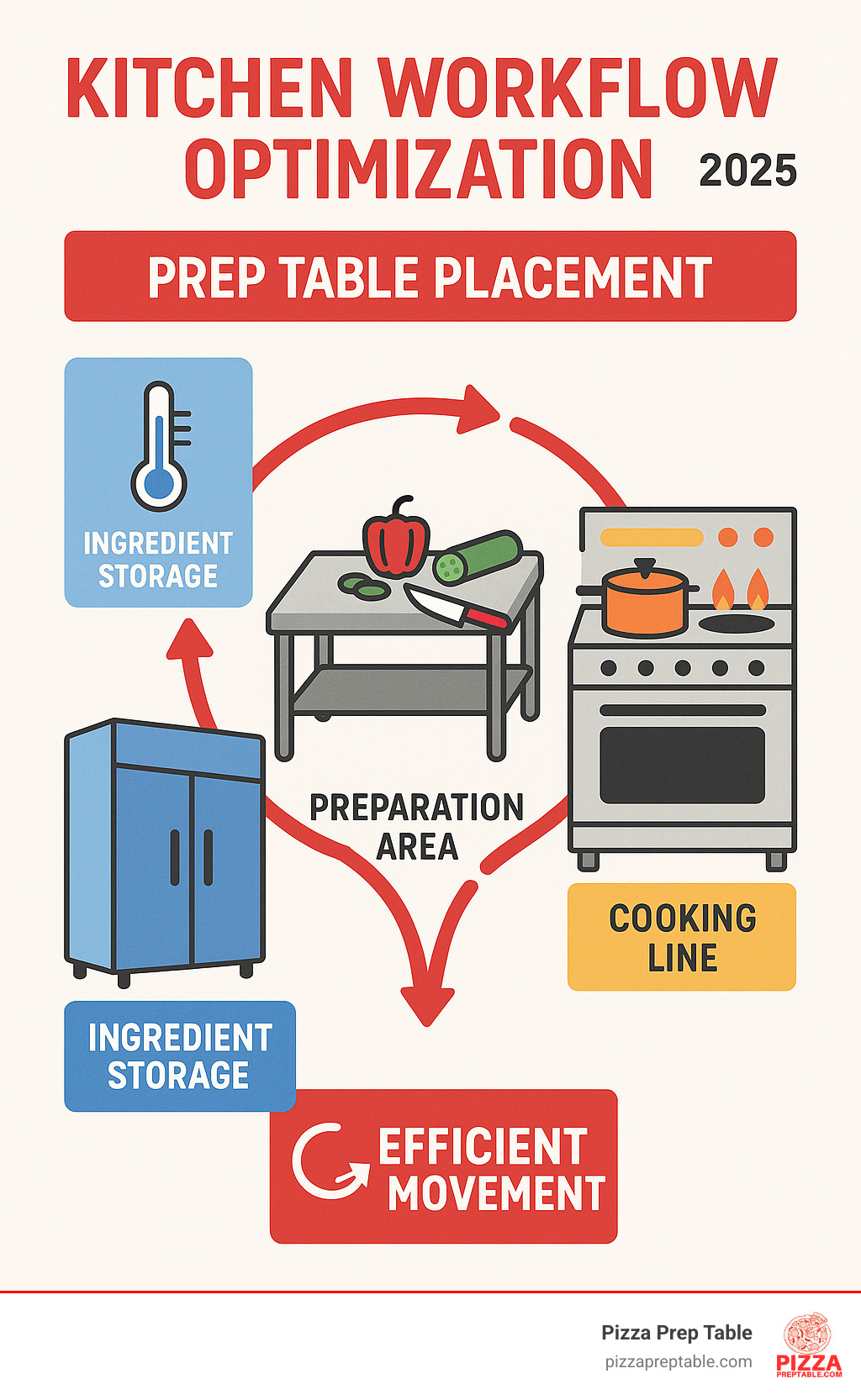 Detailed infographic showing kitchen workflow optimization with prep table placement, including zones for ingredient storage, preparation area, and cooking line with arrows indicating efficient movement patterns and temperature zones - prep table infographic 