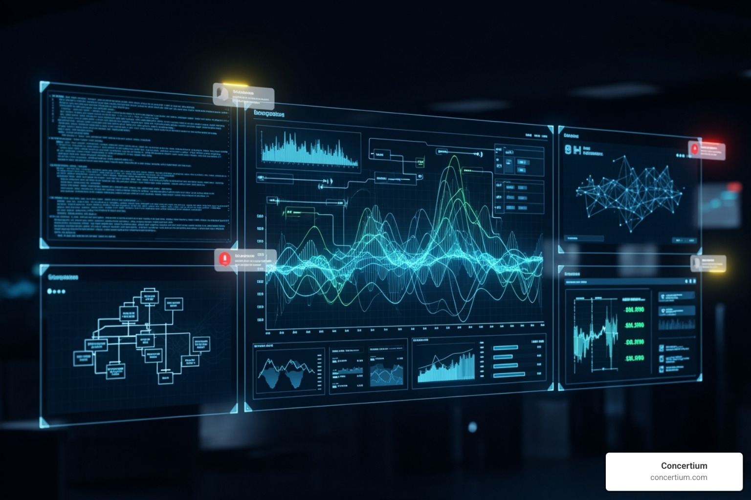 A graphic illustrating continuous monitoring, with data flowing into a dashboard and alerts being generated - risk assessment and management in cyber security