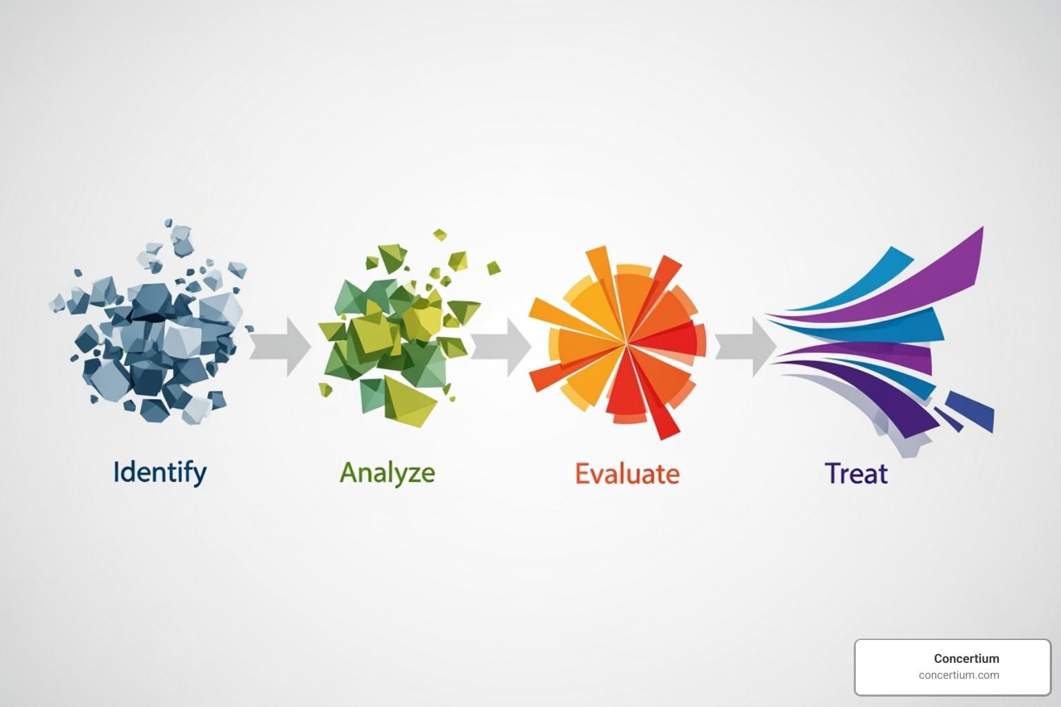 A diagram illustrating the four steps of a risk assessment process: Identify, Analyze, Evaluate, Treat - risk assessment and management in cyber security