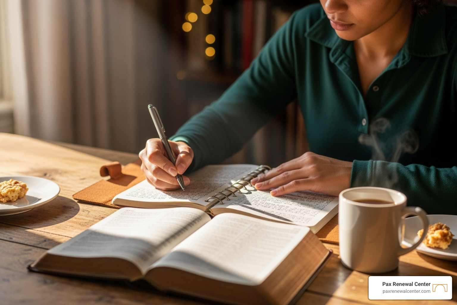 A person journaling with a Bible nearby, symbolizing reflection, spiritual growth, and personal connection with faith. - Christian spiritual renewal