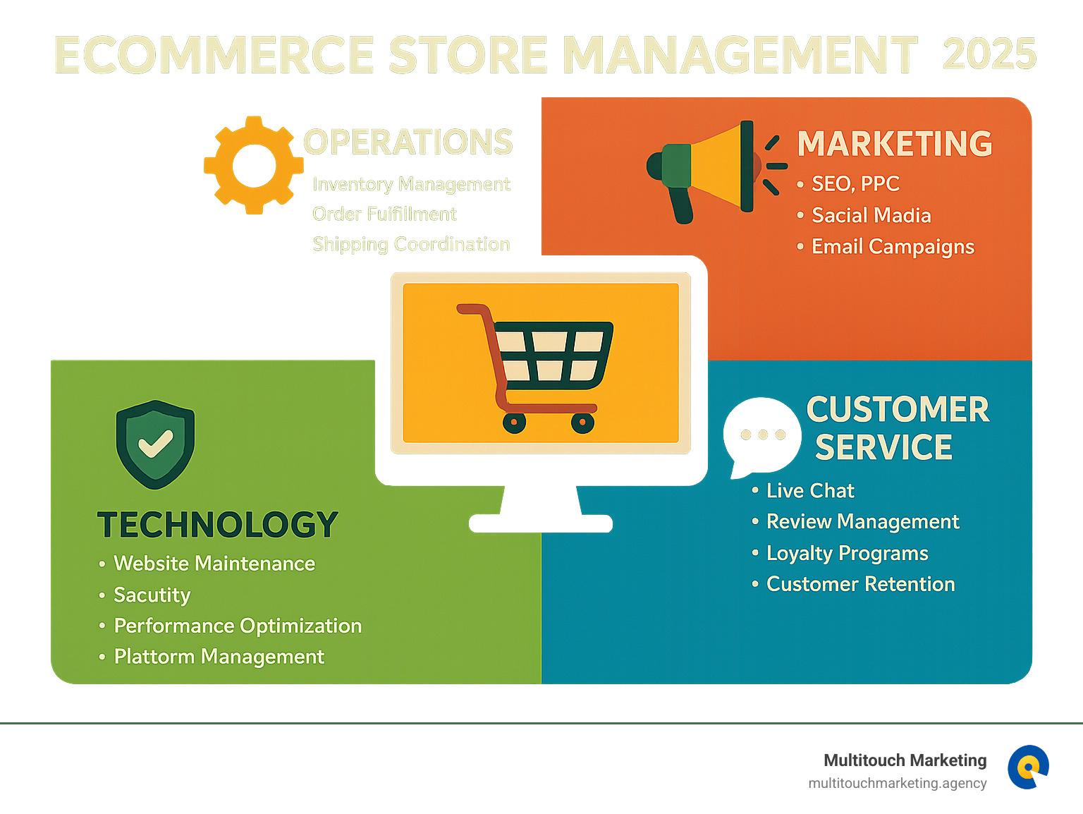 Comprehensive breakdown of ecommerce store management services showing four core pillars: Operations (inventory management, order fulfillment, shipping coordination), Marketing (SEO, PPC, social media, email campaigns), Technology (website maintenance, security, performance optimization, platform management), and Customer Service (live chat, review management, loyalty programs, customer retention) - ecommerce store management services infographic 