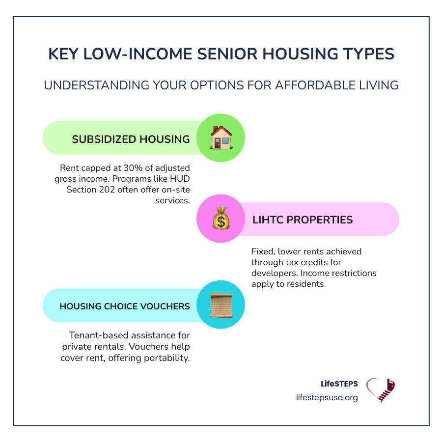 Infographic showing three main types of low-income senior housing: Government Subsidized Housing with rent at 30% of income and on-site services, LIHTC Properties with fixed lower rents and income restrictions, and Housing Choice Vouchers allowing use at approved private properties with portable assistance - low income elderly housing near me infographic infographic-line-3-steps-colors