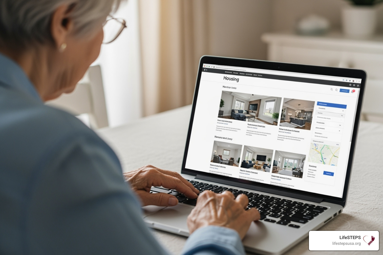 A person using a laptop to search for housing listings - low income elderly housing near me