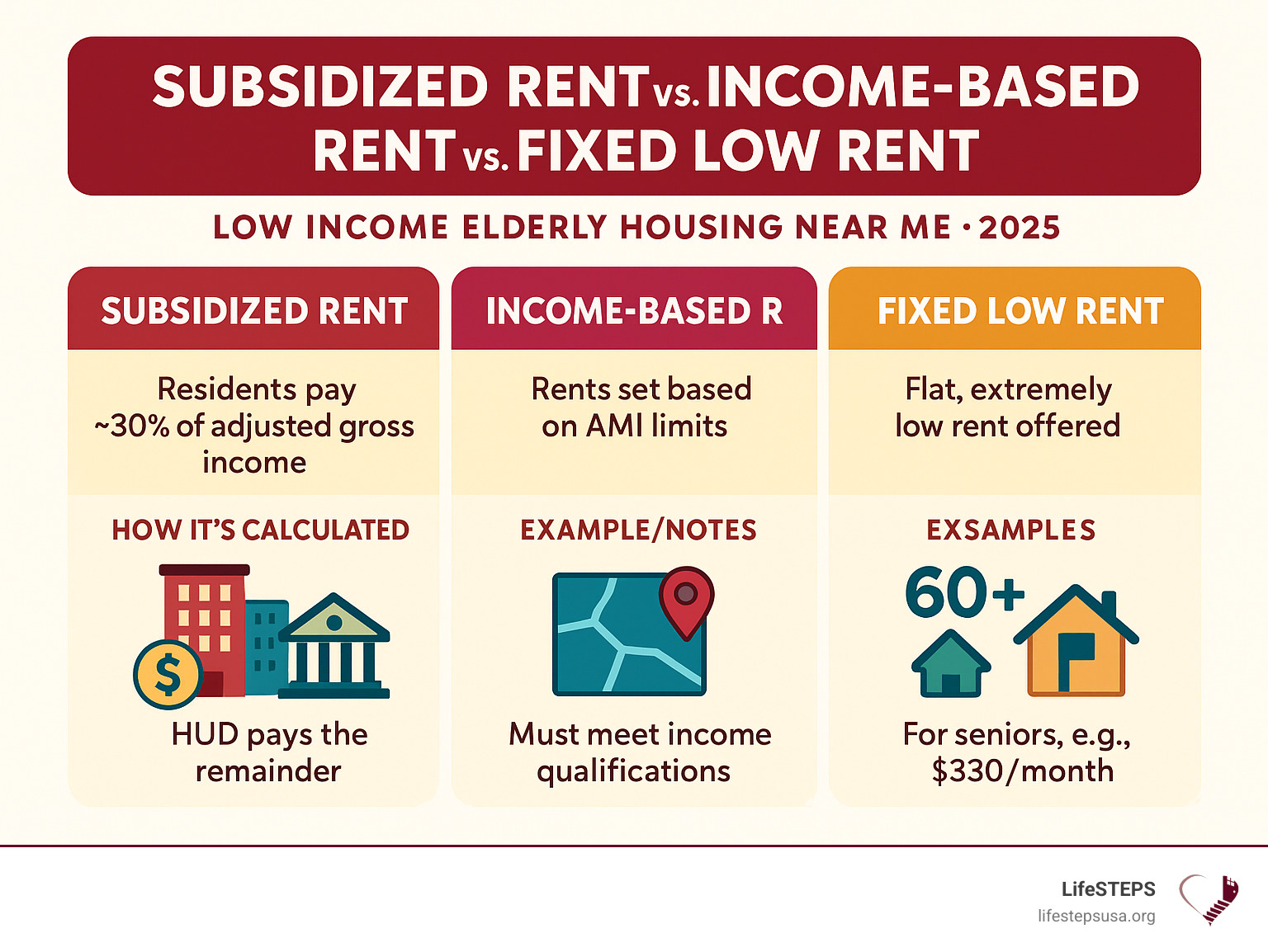 Table comparing Subsidized Rent vs. Income-Based Rent vs. Fixed Low Rent - low income elderly housing near me infographic 