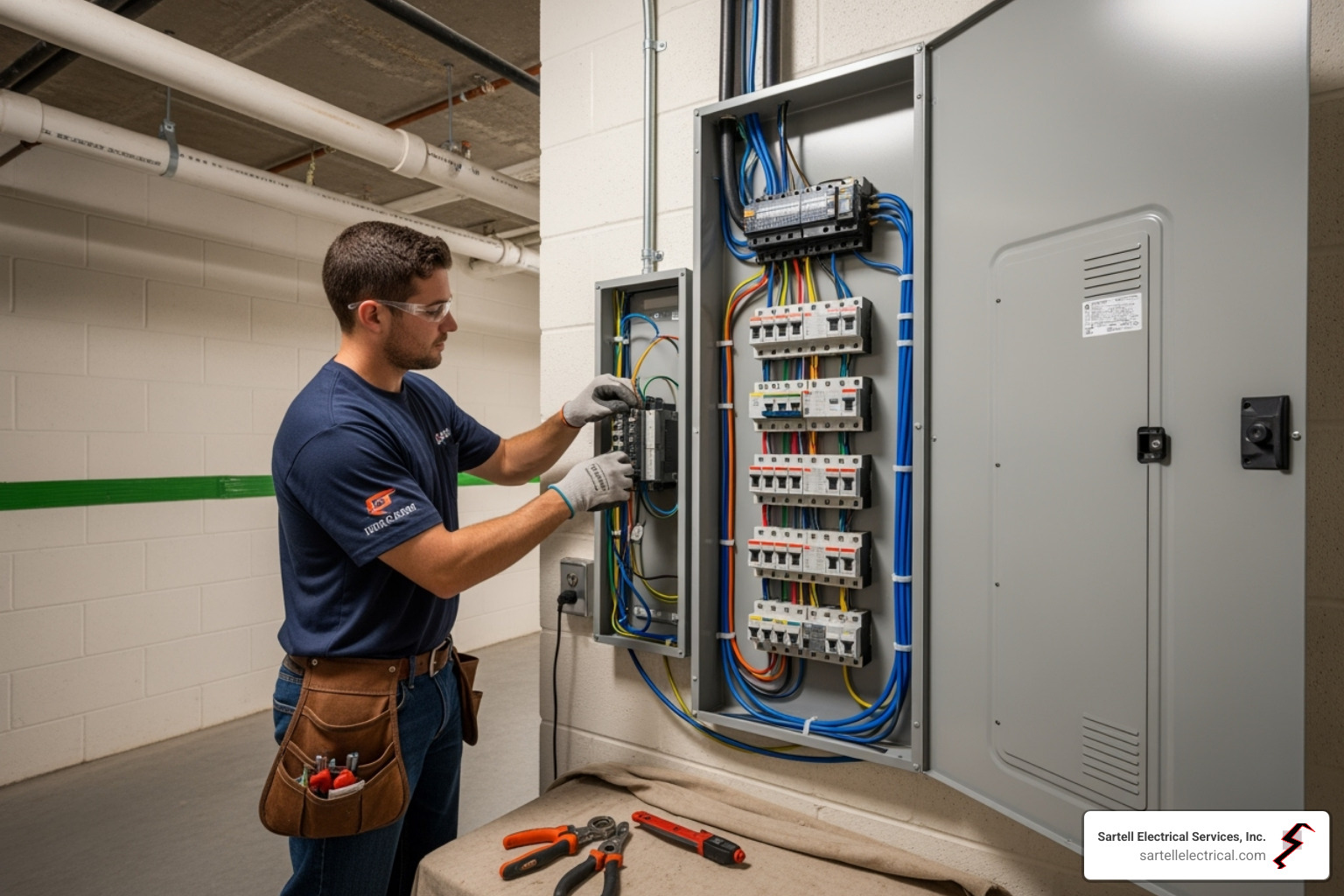 new, high-capacity electrical panel being installed - electrical panel box for home new, high-capacity electrical panel being installed - electrical panel box for home