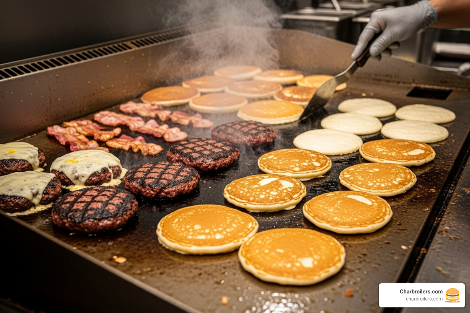 food like burgers and pancakes cooking on the Atosa ATMG-48's large surface - atmg 48