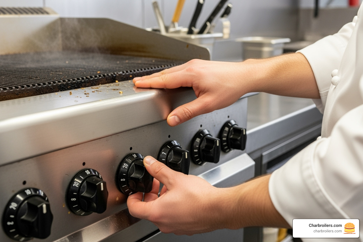chef adjusting the independent control knobs on the griddle - atmg 48