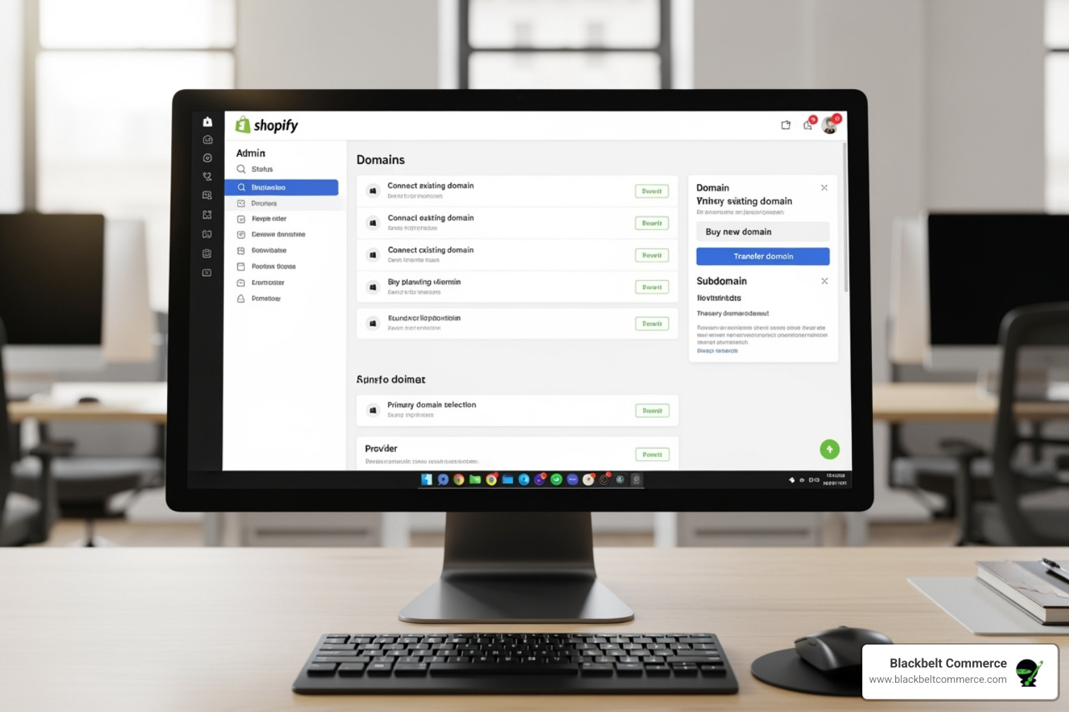 Shopify admin dashboard showing the Domains section - Shopify SEO strategy