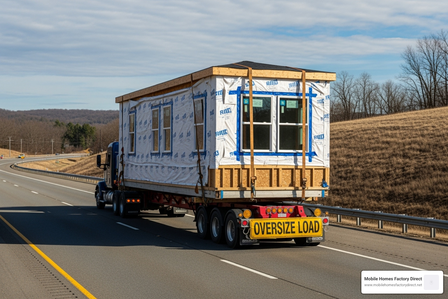 image of a modular home section being transported on a truck - factory direct modular homes