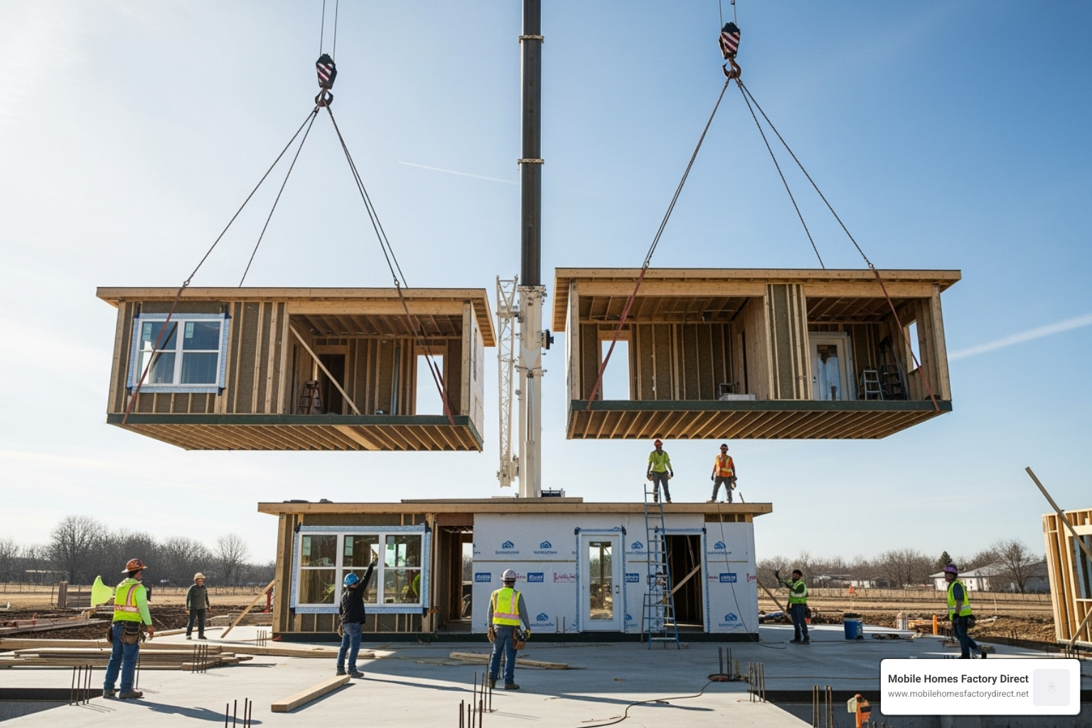 image showing two home sections being joined on a foundation - factory direct modular homes