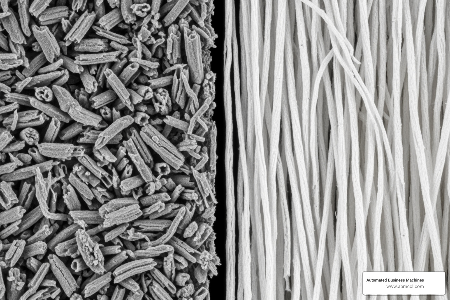 Close-up image showing a distinct difference in fiber structure between short, coarse wood pulp fibers and long, smooth cotton paper fibers - Archival quality printer paper