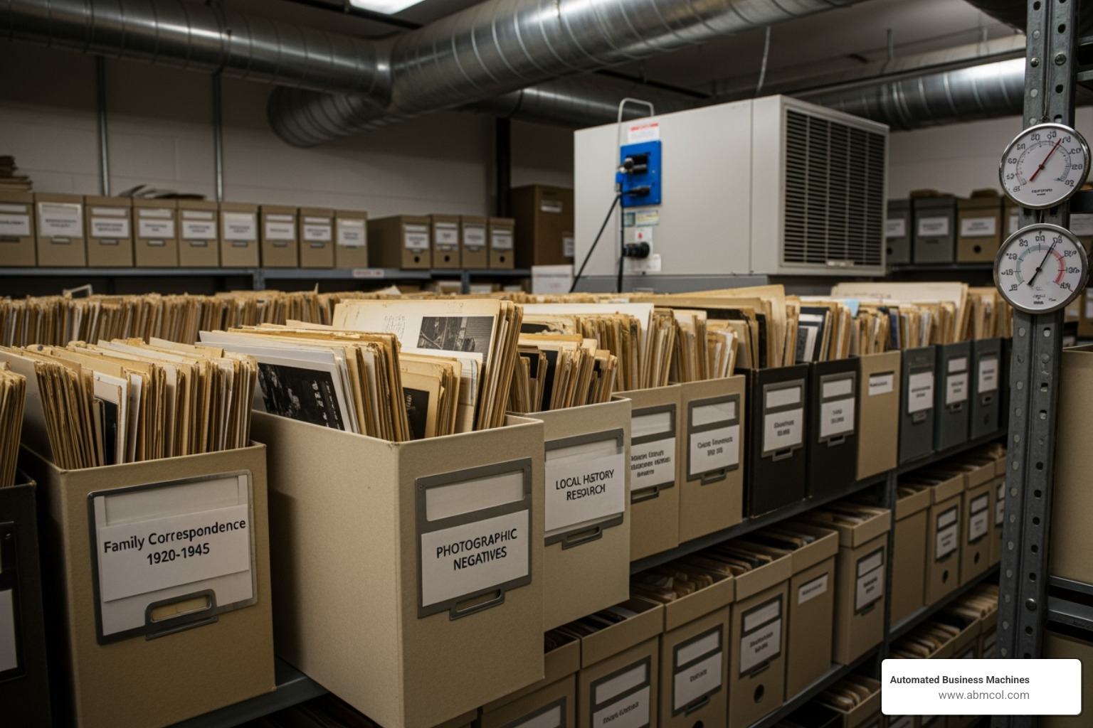 A collection of documents and photographs neatly organized in acid-free archival storage boxes, with proper labeling and climate control visible in the background - Archival quality printer paper
