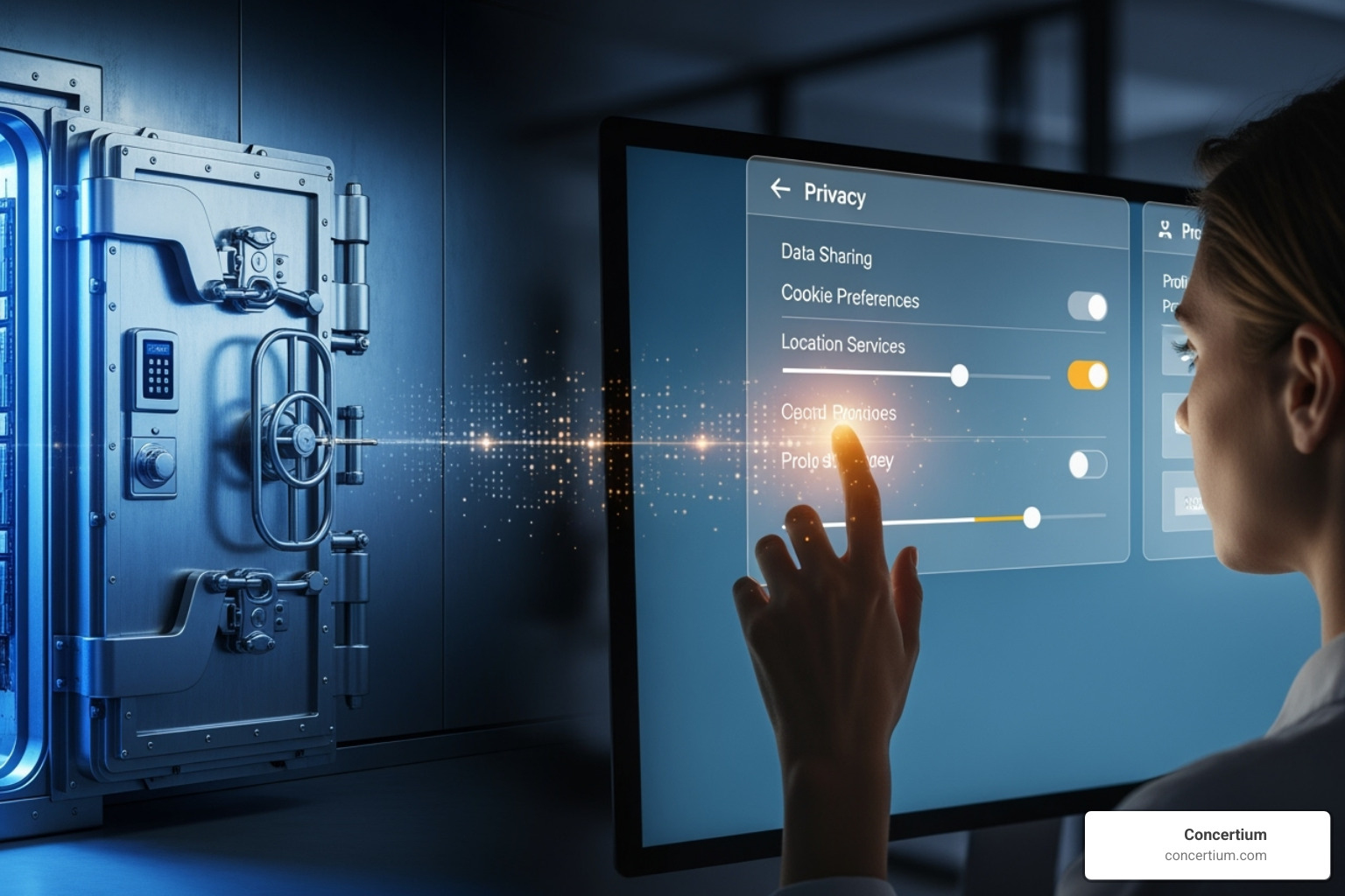 a secure vault (Protection) and a person controlling their profile settings (Privacy) - data protection and privacy compliance