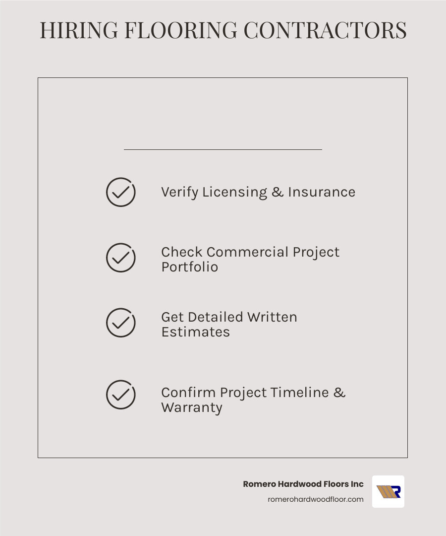 Infographic showing 5 key steps to hiring commercial flooring contractors: 1. Verify licensing and insurance, 2. Check commercial project portfolio, 3. Get detailed written estimates, 4. Confirm timeline and cleanup process, 5. Review warranty terms - contractors for flooring infographic checklist-light-beige