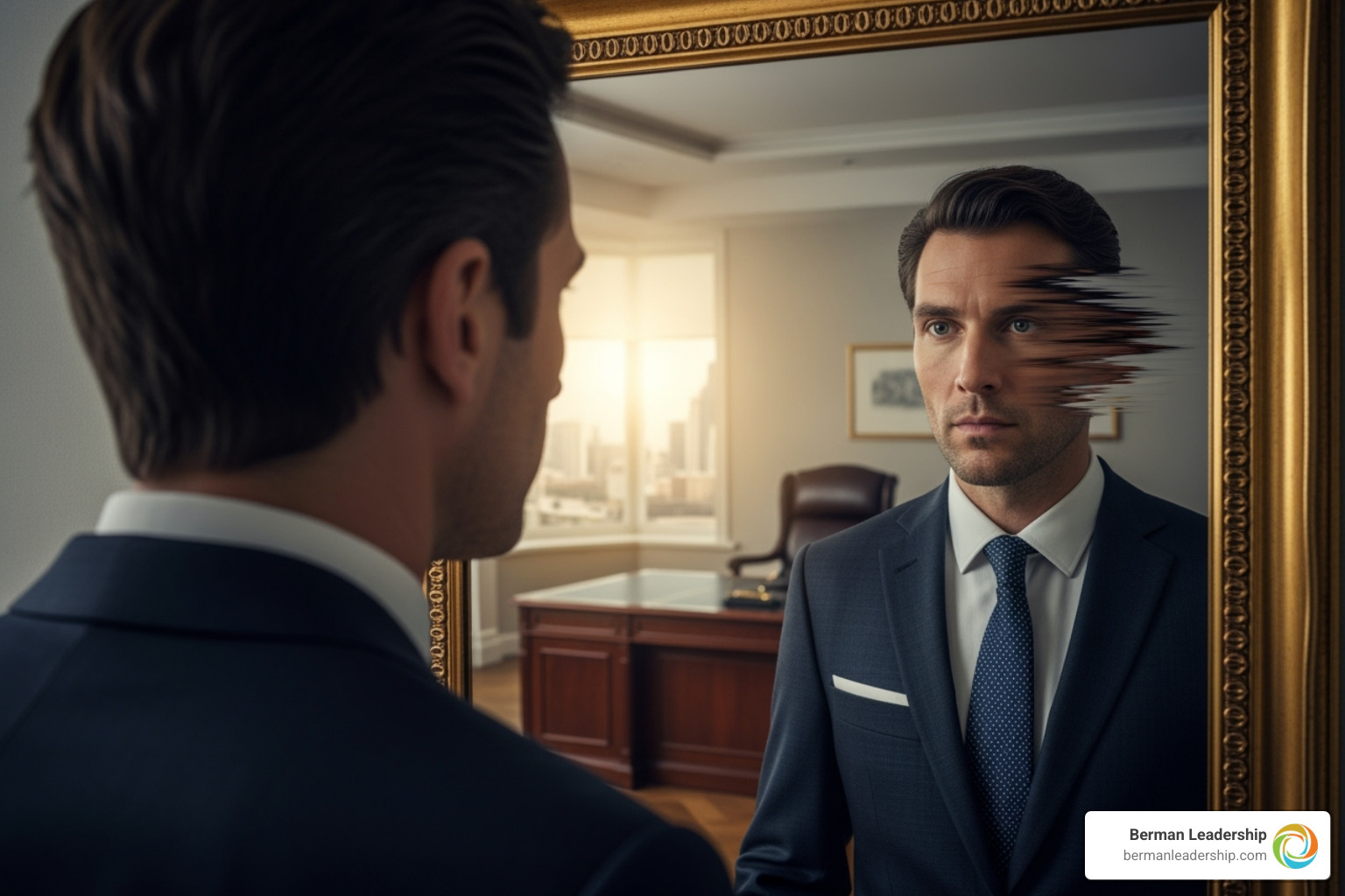 Illustrates a leader looking in a mirror, but the reflection is distorted or incomplete, symbolizing a "blind spot" in self-perception - 360 feedback