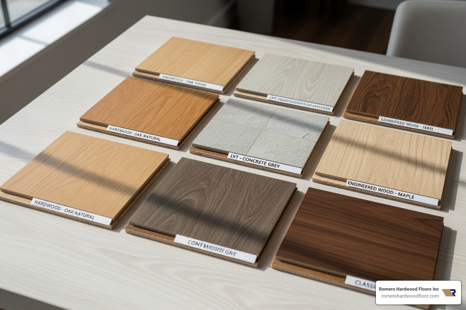 various flooring samples like hardwood, LVT, and engineered wood laid out on a table - contractors for flooring