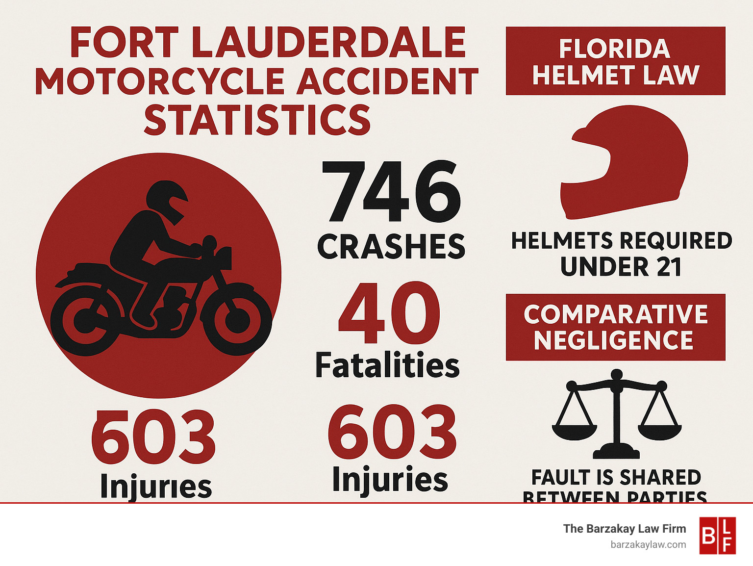 Infographic showing Fort Lauderdale motorcycle accident statistics including 746 crashes, 40 fatalities, and 603 injuries, along with Florida's helmet law requirements for riders over 21 and comparative negligence rules - fort lauderdale motorcycle accident lawyer infographic 