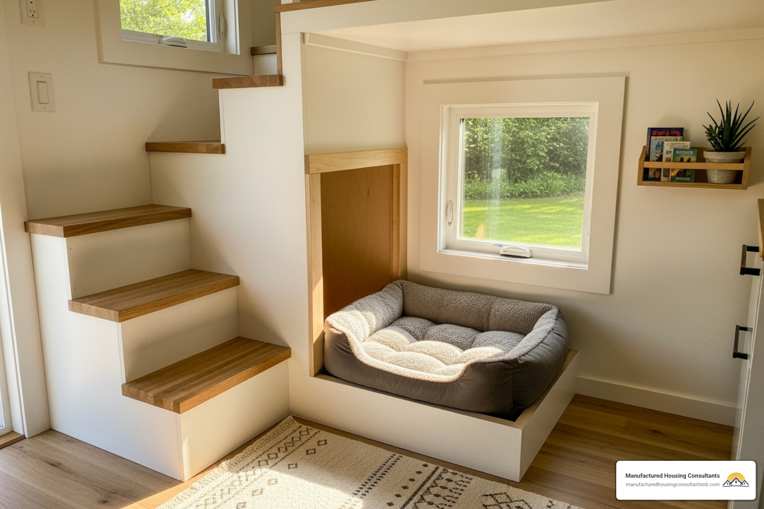 Interior of a tiny home showing a built-in pet bed under a staircase with a small window - Pet-friendly tiny homes