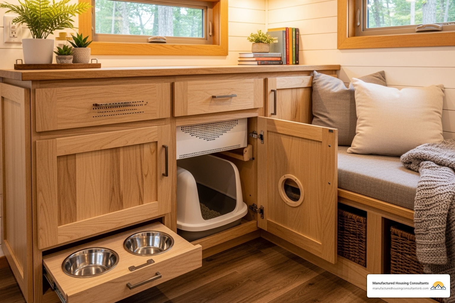 Tiny home interior with clever built-in storage solutions, including a hidden litter box and pull-out feeding station - Pet-friendly tiny homes