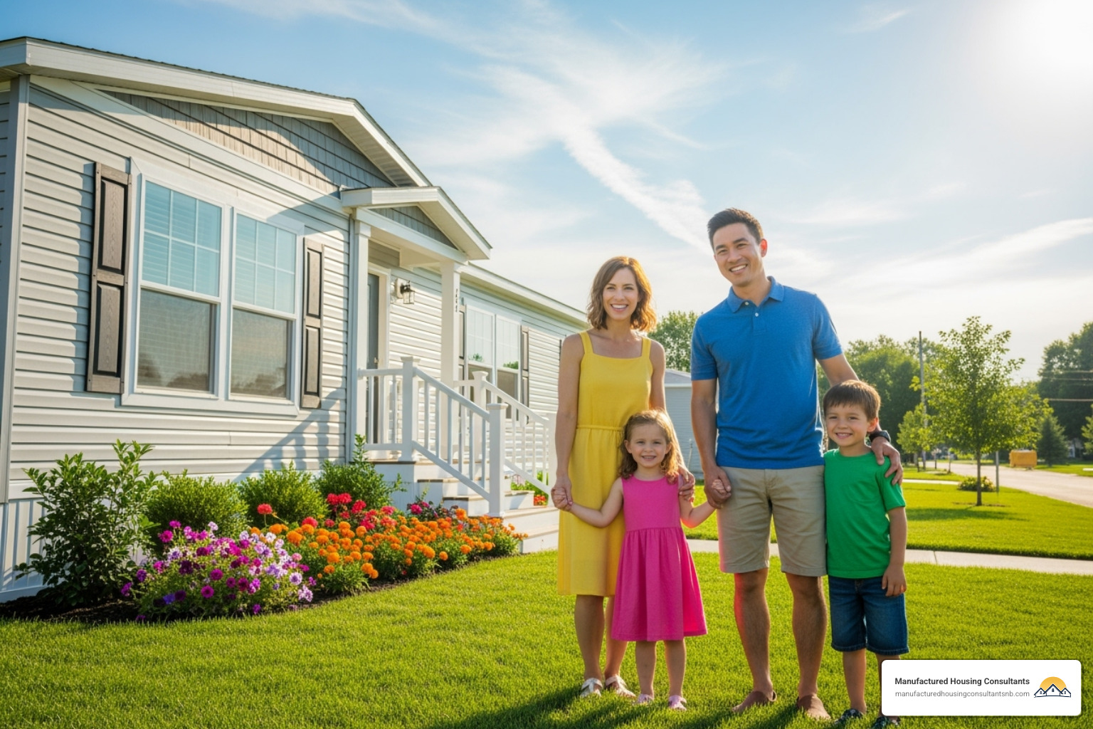A happy family standing in front of their new manufactured home - repo mobile homes