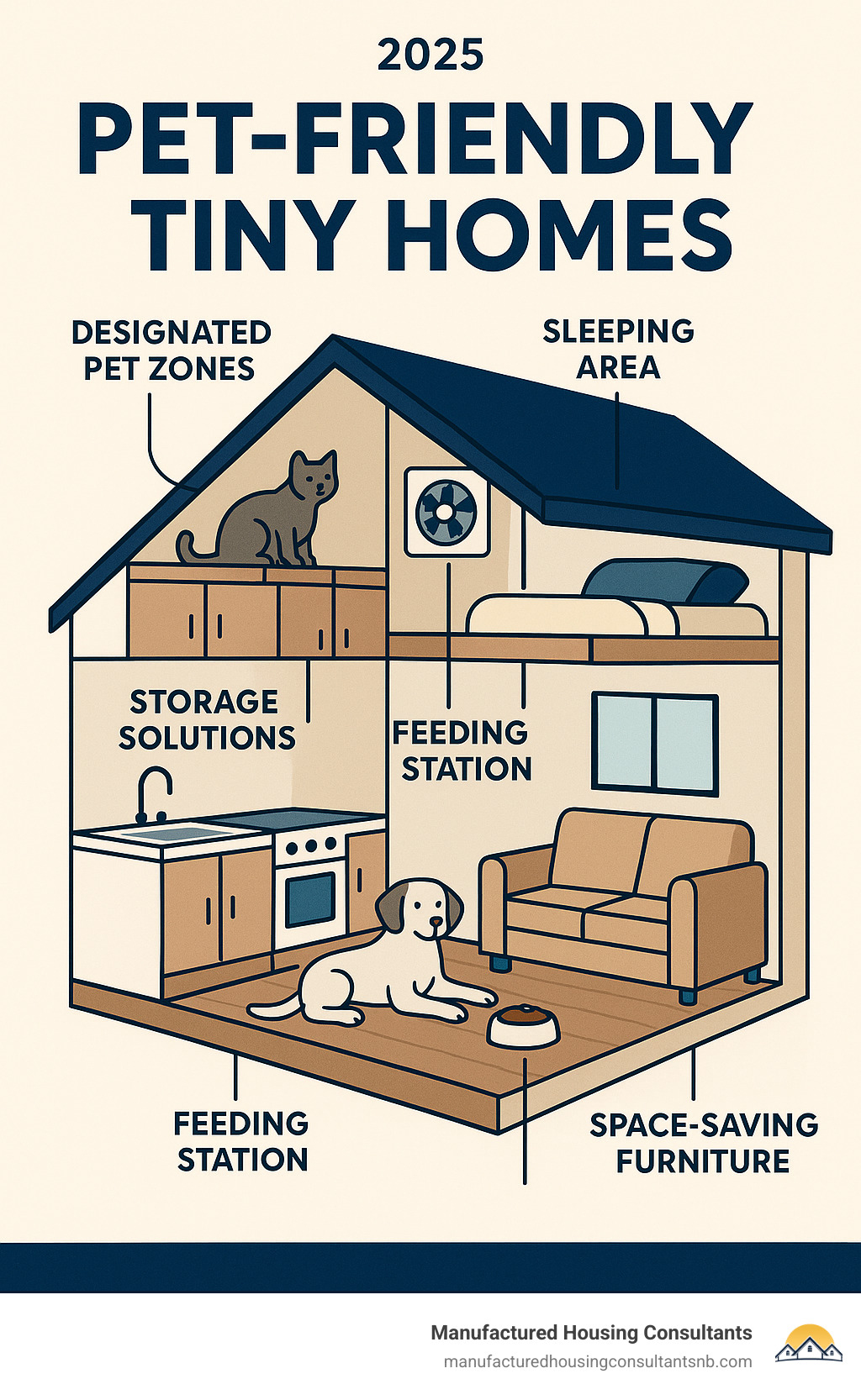 Detailed infographic showing pet-friendly tiny home layout with designated pet zones, storage solutions, feeding stations, sleeping areas, ventilation systems, and space-saving furniture designed for both humans and pets - Pet-friendly tiny homes infographic 
