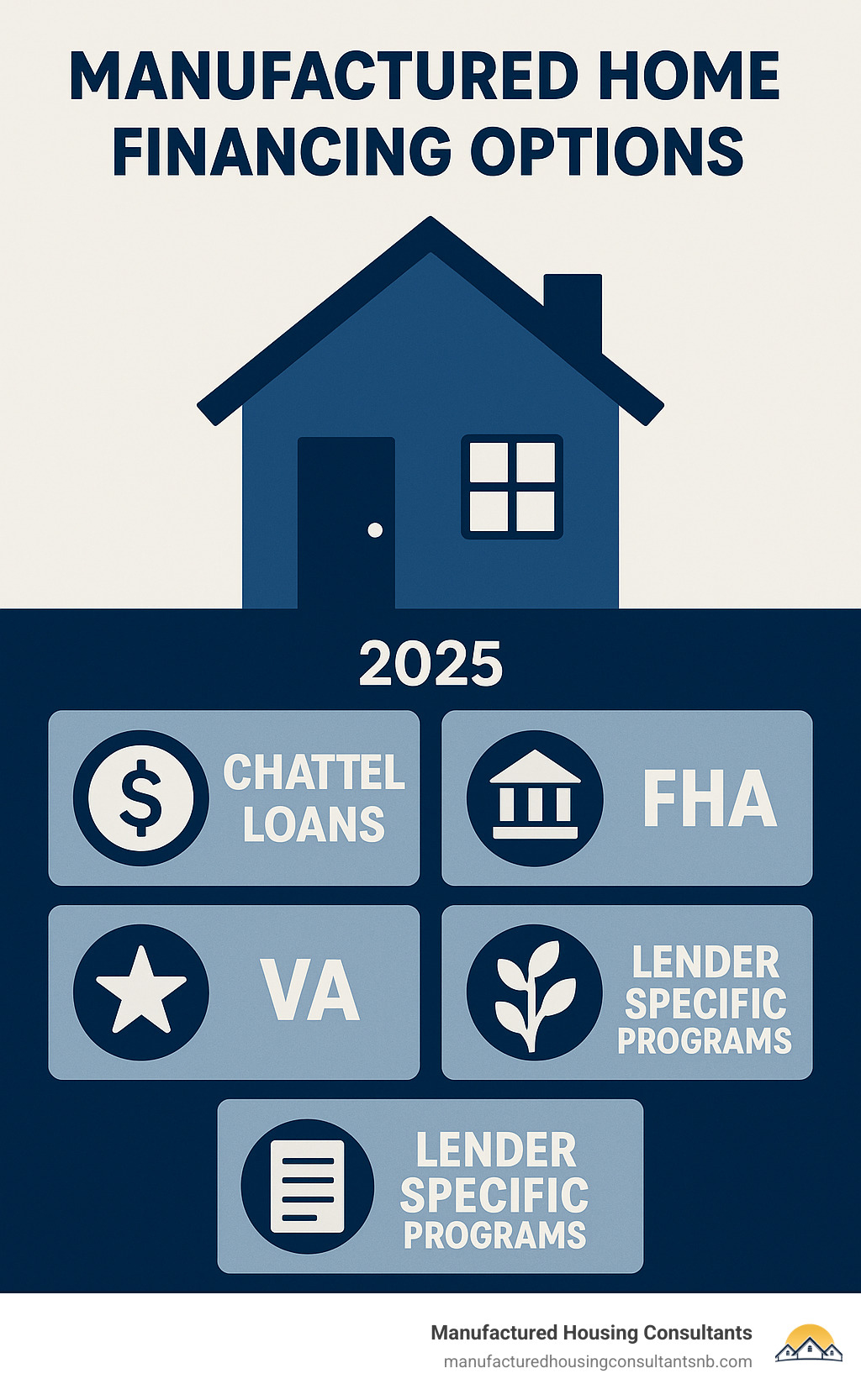 Infographic showing different manufactured home financing options: Chattel Loans, FHA, VA, USDA, and Lender Specific Programs - repo mobile homes infographic 