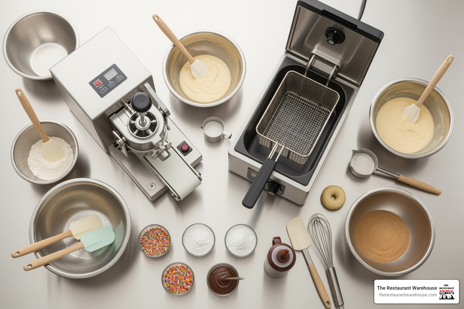 essential mini donut making equipment laid out - mini donut concession trailer for sale