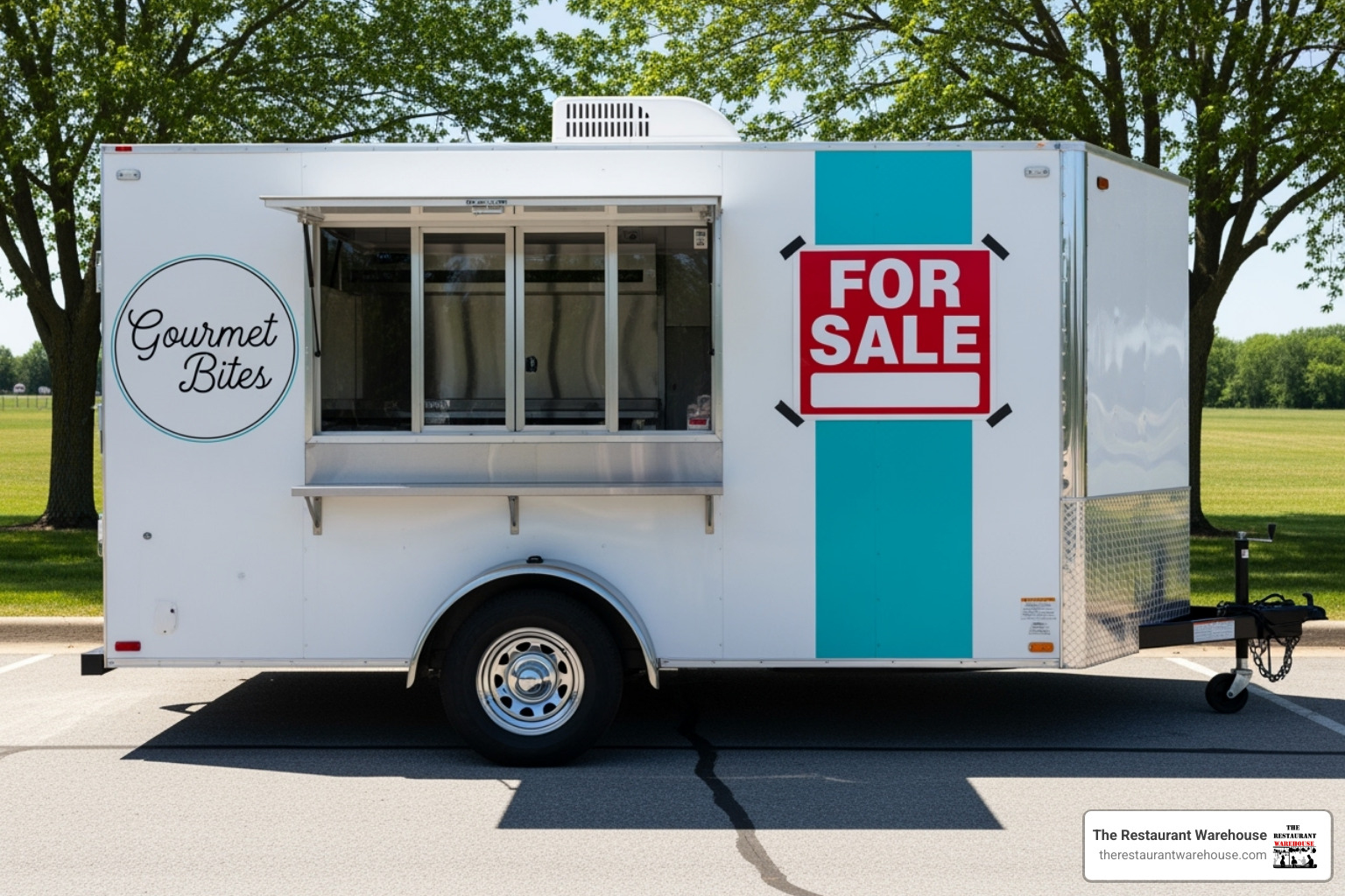 for-sale sign on a clean, promising concession trailer - mini donut concession trailer for sale