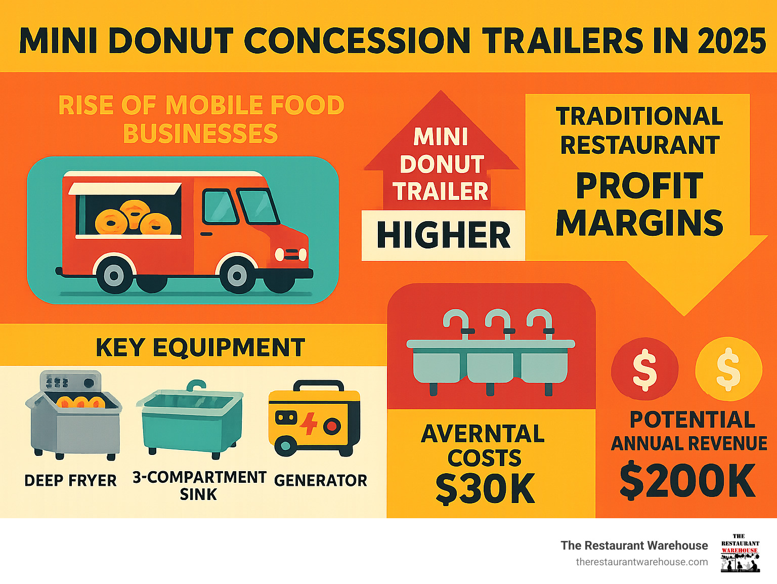 Infographic showing the rise of mobile food businesses, mini donut trailer profit margins compared to traditional restaurants, key equipment needed for mini donut operations, and average startup costs versus potential annual revenue - mini donut concession trailer for sale infographic 