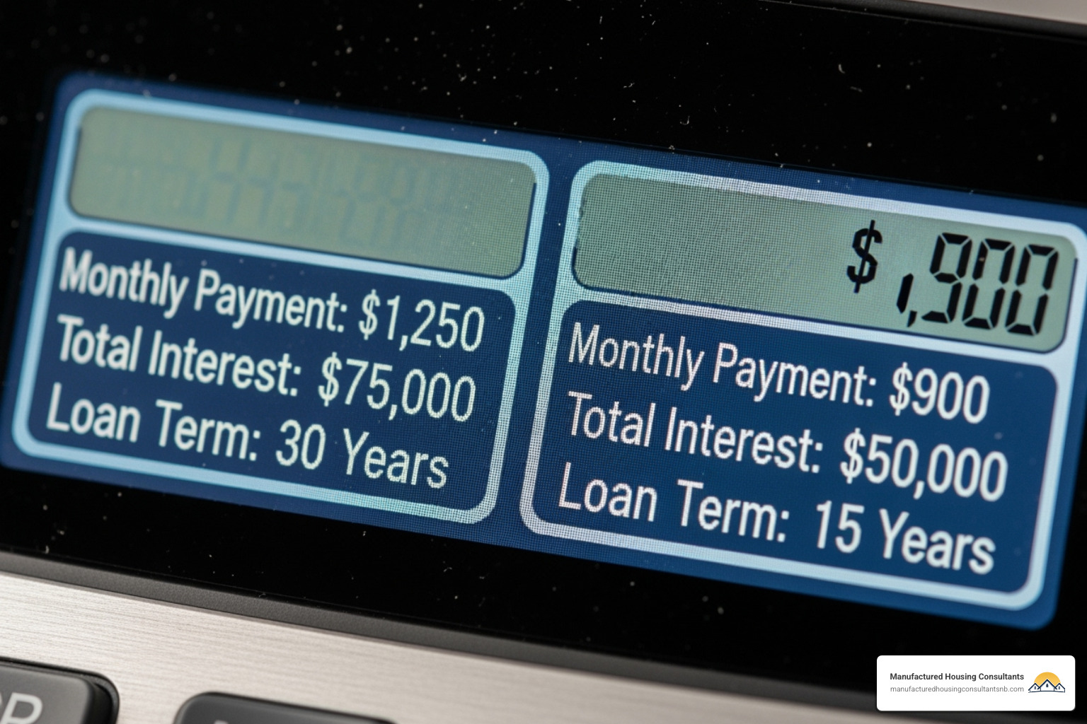 Image showing a side-by-side comparison of two different loan scenarios on a calculator interface, highlighting the differences in in monthly payment, total interest, and loan term - manufactured home financing calculator