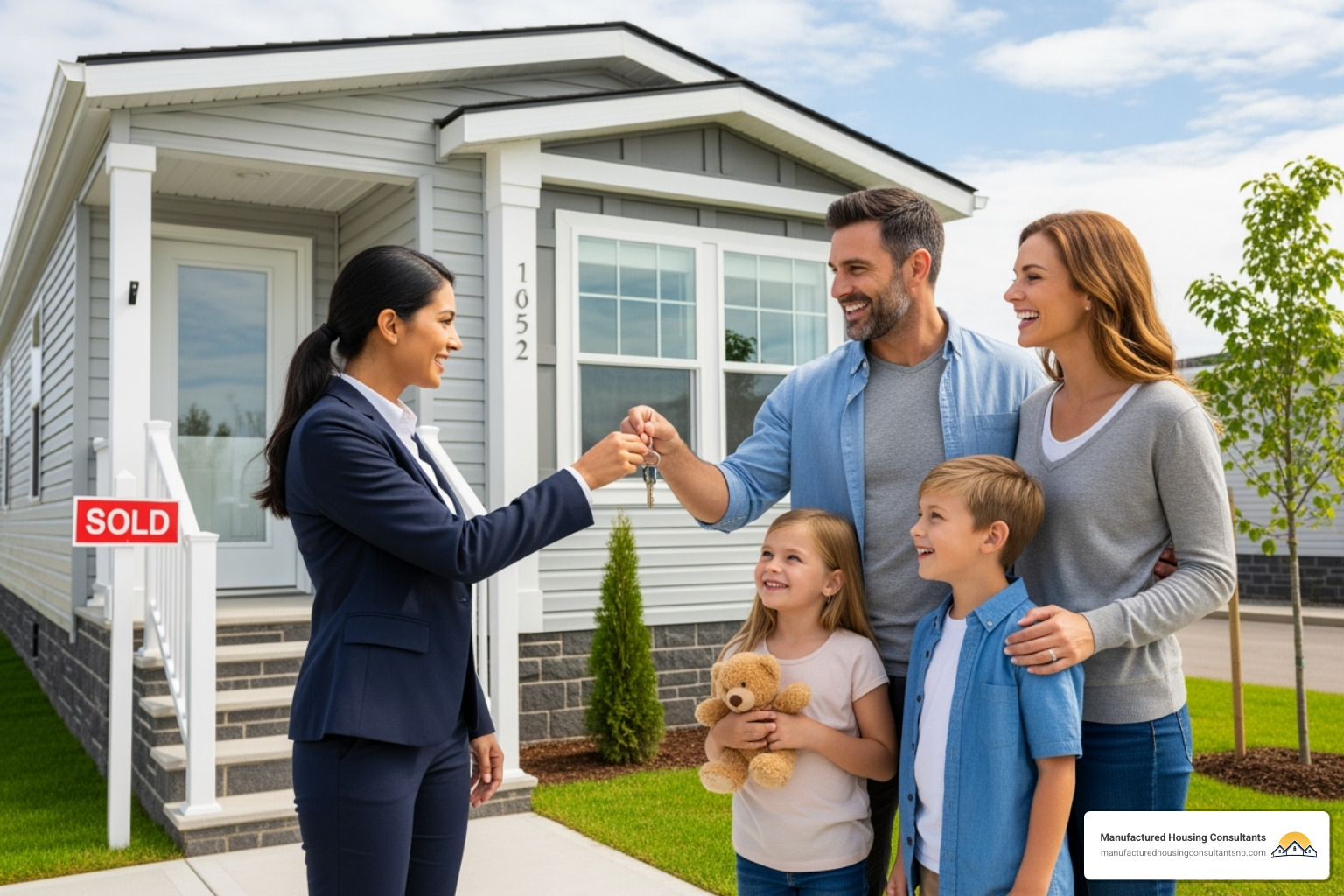 Image of a happy family receiving keys to their new manufactured home from a friendly consultant - manufactured home financing calculator