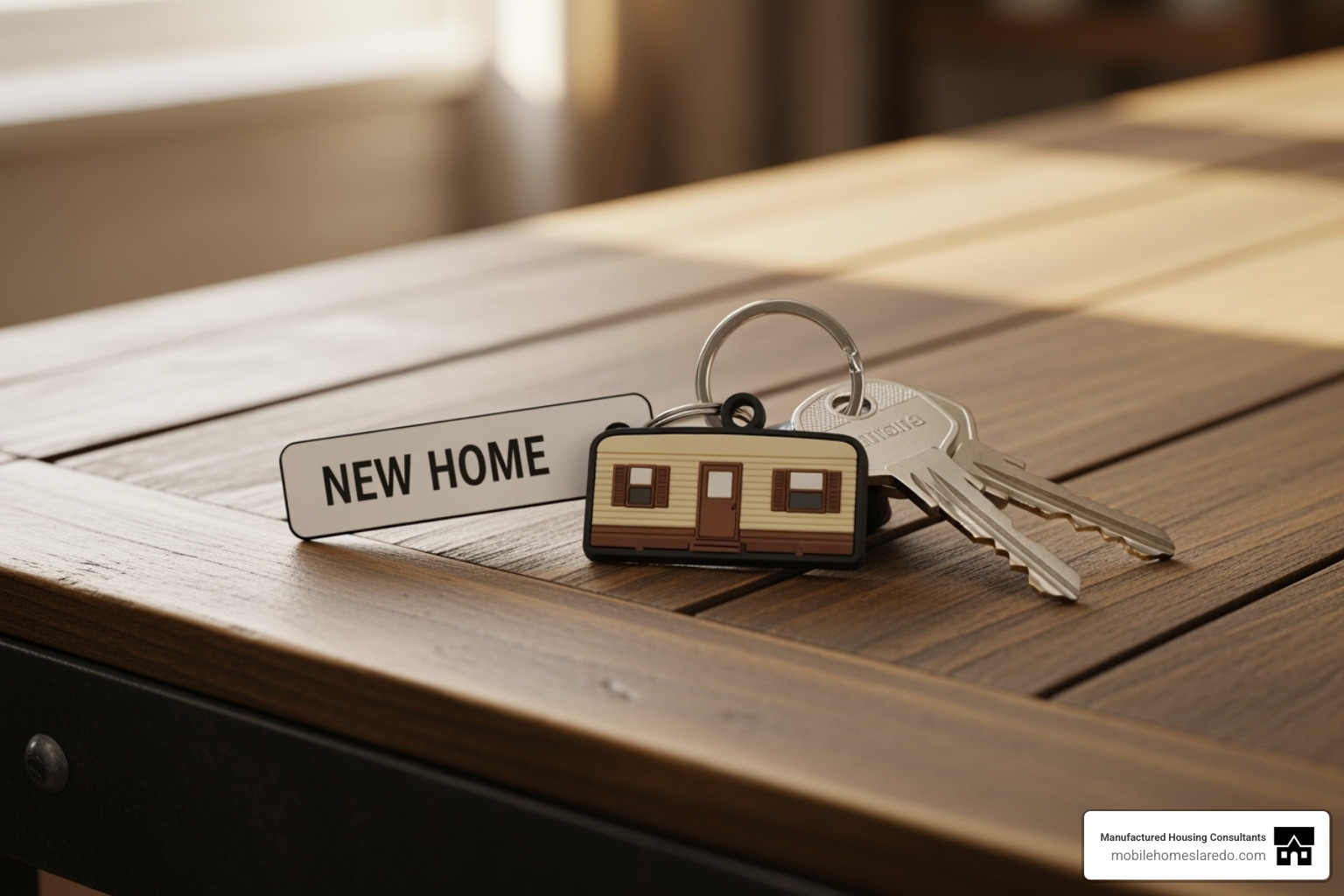 A set of keys to a new mobile home on a wooden table - rent to own mobile homes with land no credit check A set of keys to a new mobile home on a wooden table - rent to own mobile homes with land no credit check