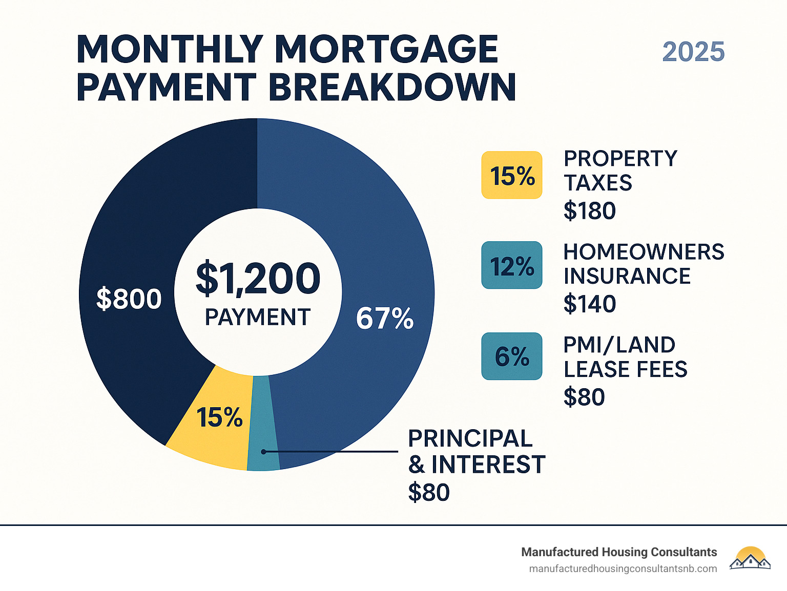 Infographic showing monthly mortgage payment breakdown with four main components: Principal & Interest (largest portion), Property Taxes, Homeowners Insurance, and PMI/Land Lease Fees, displayed as a pie chart with dollar amounts and percentages for each component - manufactured home financing calculator infographic 