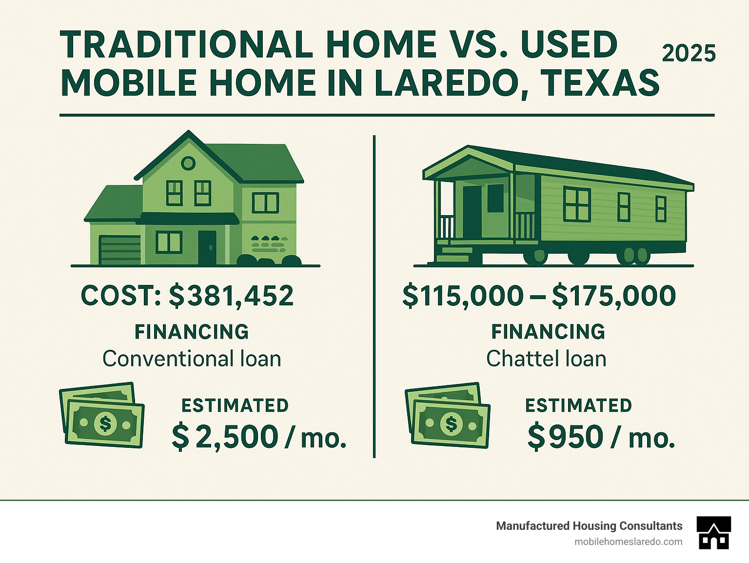 Cost comparison infographic showing traditional home prices vs used mobile home prices in Laredo, Texas, with financing options and monthly payment estimates - trailas usadas en venta en laredo texas infographic Cost comparison infographic showing traditional home prices vs used mobile home prices in Laredo, Texas, with financing options and monthly payment estimates - trailas usadas en venta en laredo texas infographic