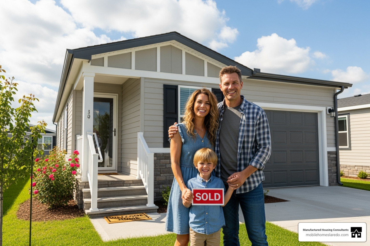 A happy family in front of their new manufactured home, symbolizing the dream of homeownership made possible by FHA loans. - fha loans for bad credit A happy family in front of their new manufactured home, symbolizing the dream of homeownership made possible by FHA loans. - fha loans for bad credit