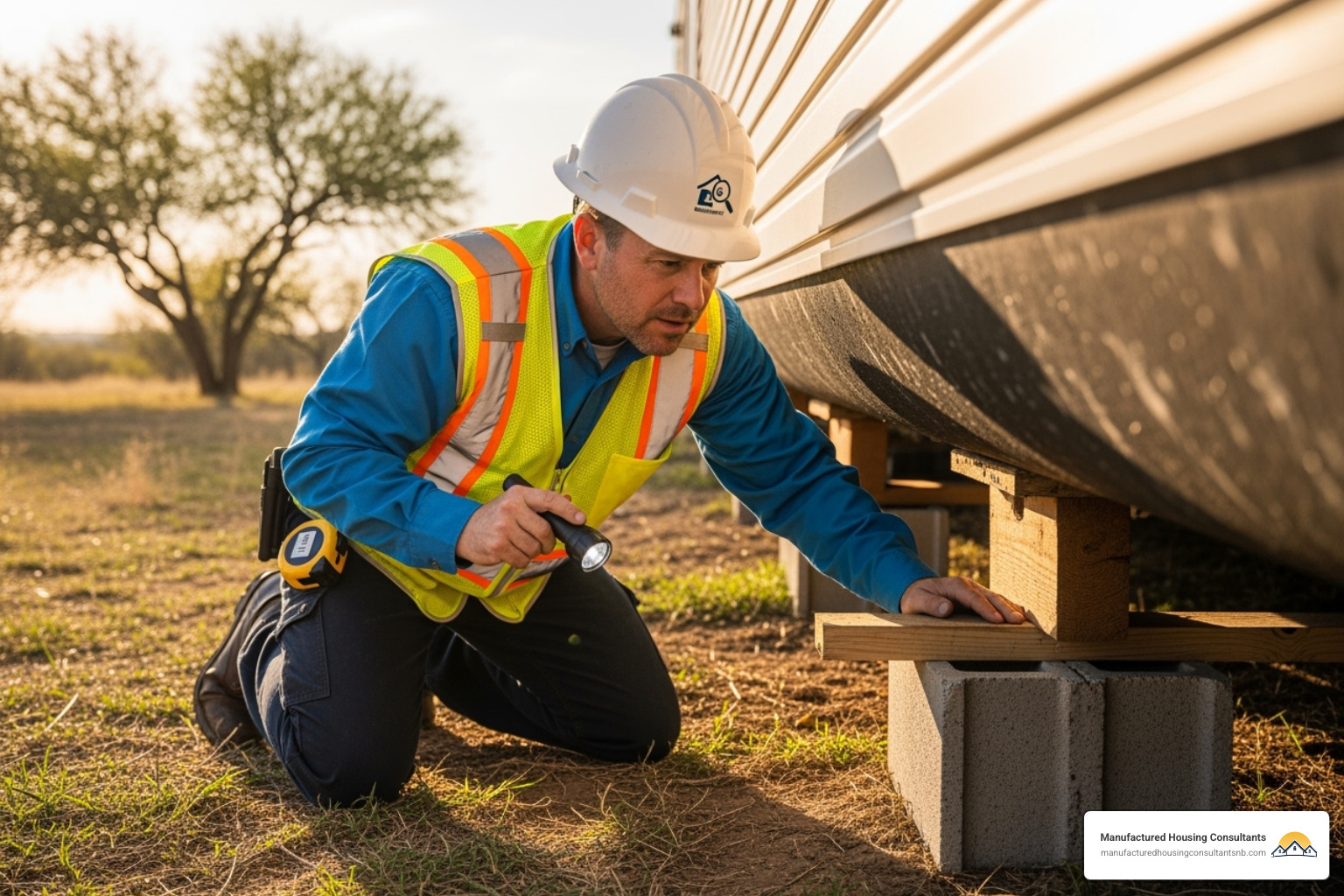 home inspector examining a manufactured home's foundation - repo manufactured homes texas
