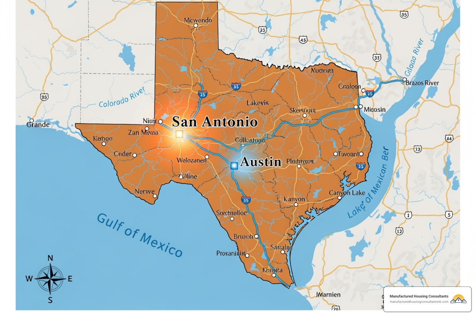 map of Texas highlighting key service areas like San Antonio and Austin - repo manufactured homes texas