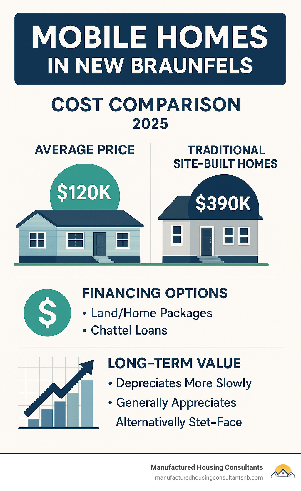 Infographic showing cost comparison between mobile homes and traditional site-built homes in New Braunfels, including average prices, financing options, and long-term value retention - mobile homes in new braunfels infographic 