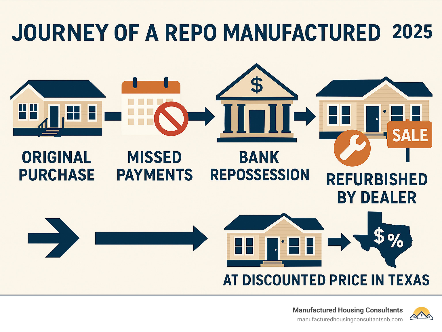 Infographic showing the journey of a manufactured home from original purchase through missed payments, bank repossession, refurbishment by dealers, and final sale to new buyers at discounted prices in Texas - repo manufactured homes texas infographic 
