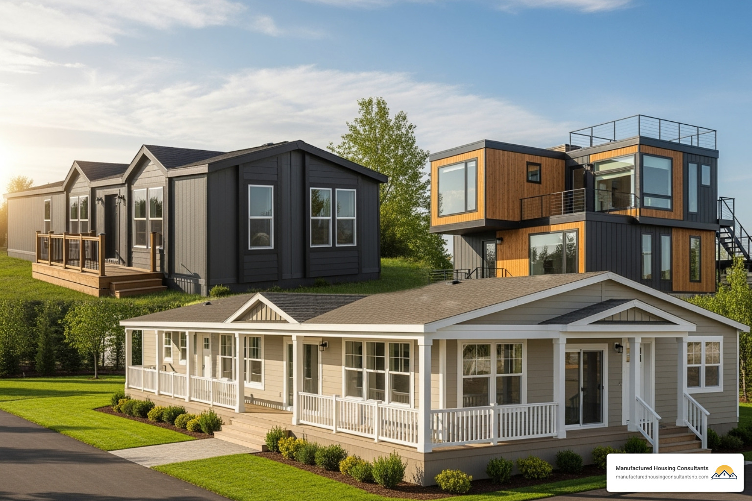 Different manufactured home styles, including a single-wide, a double-wide, and a modular home. - Manufactured housing consultants