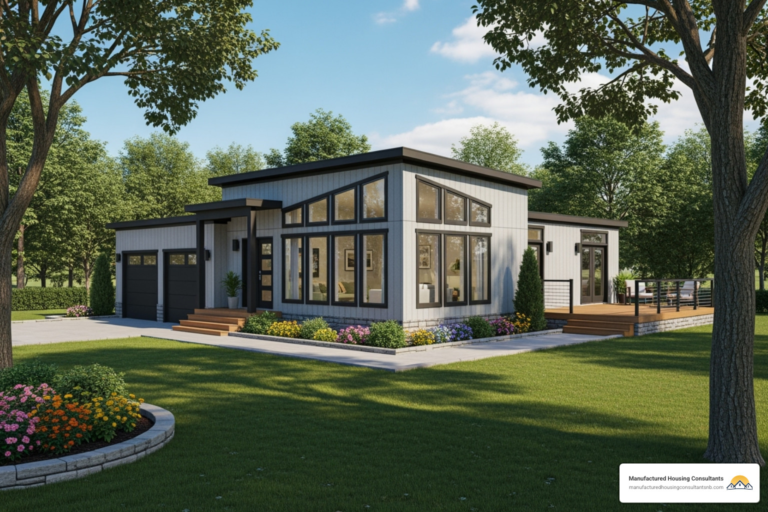 A manufactured home permanently installed on a private plot of land with landscaping, symbolizing integrated financing - manufactured home loans texas