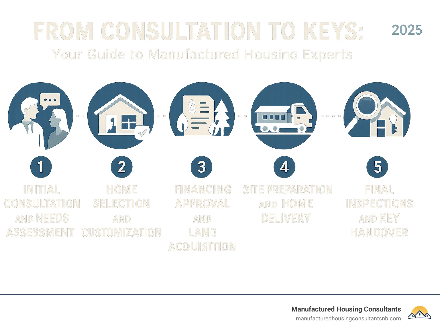 Infographic showing the 5 key steps from initial consultation to receiving keys: 1) Initial consultation and needs assessment, 2) Home selection and customization, 3) Financing approval and land acquisition, 4) Site preparation and home delivery, 5) Final inspections and key handover - Manufactured housing consultants infographic 
