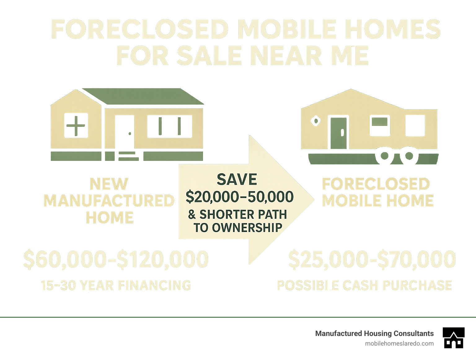 Infographic showing the cost comparison between new manufactured homes ($60,000-$120,000 with 15-30 year financing) versus foreclosed mobile homes ($25,000-$70,000 with potential cash purchase), highlighting savings of $20,000-$50,000 and shorter path to ownership - foreclosed mobile homes for sale near me infographic Infographic showing the cost comparison between new manufactured homes ($60,000-$120,000 with 15-30 year financing) versus foreclosed mobile homes ($25,000-$70,000 with potential cash purchase), highlighting savings of $20,000-$50,000 and shorter path to ownership - foreclosed mobile homes for sale near me infographic