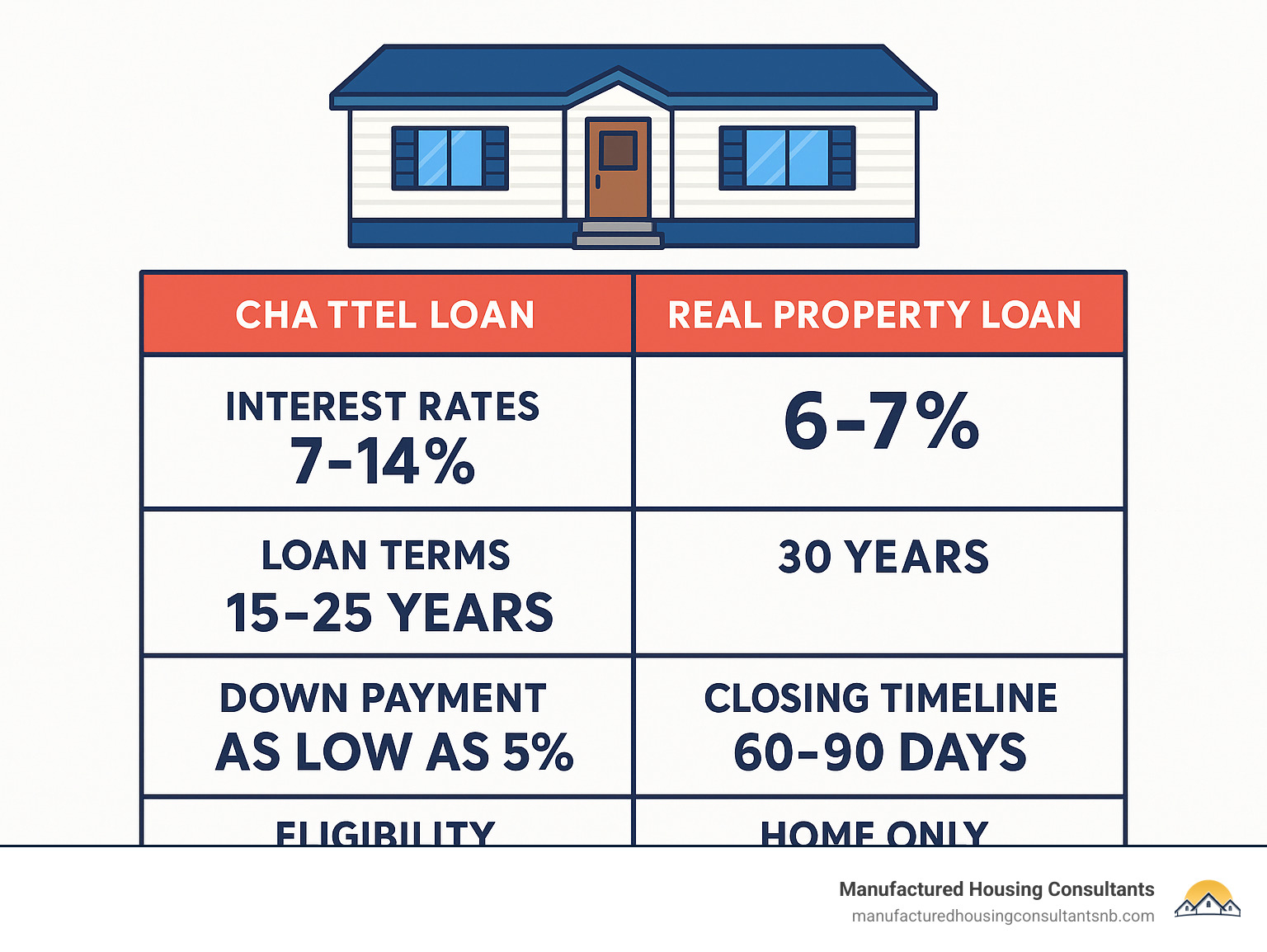 Infographic showing comparison between chattel loans and real property loans for manufactured homes in Texas, including interest rates, loan terms, down payment requirements, closing timelines, and eligibility criteria for each financing type - manufactured home loans texas infographic 