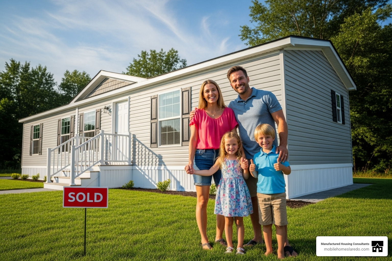 family standing happily in front of their new mobile home - rent to own mobile homes near me